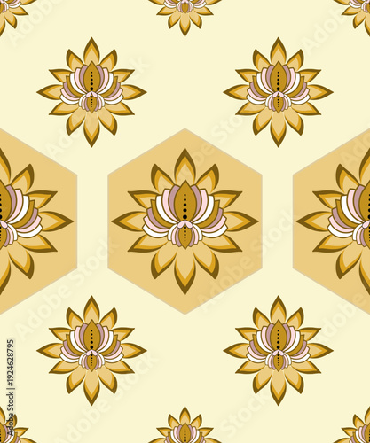 Seamless Floral Geometric Pattern with Lotus Motifs on Soft Yellow Background