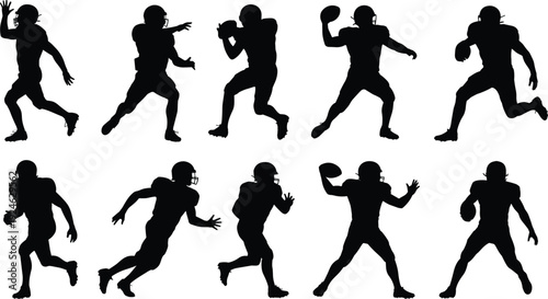 American football player silhouettes set, quarterback running and throwing poses vector collection isolated on white background