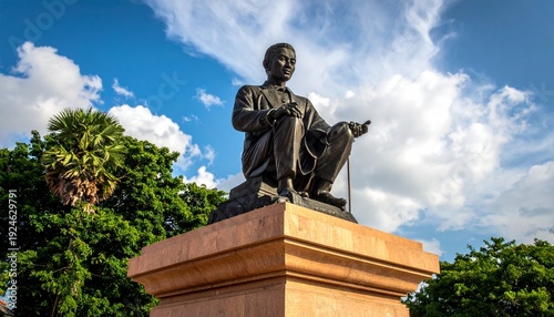 Majestic Bronze Statue of a Seated Figure Against a Blue Sky with Clouds.