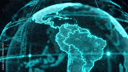 Glowing digital representation of South America, defined by dots and interconnected lines