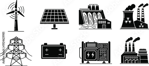 Industrial Power and Energy Generation Icon Set Vector Illustration Featuring Wind Turbine Solar Panel Hydroelectric Dam Nuclear Plant Battery Generator and Electric Transmission Tower