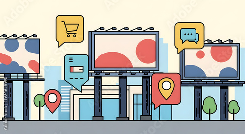 Wallpaper Mural Urban Billboards with Digital Marketing Icons: Location, Shopping, Chat, Battery Status Illustration Torontodigital.ca