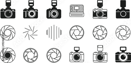 Photography Camera and Aperture Icon Collection with DSLR Flash Shutter Lens Symbols for Professional Photo Studio and Creative Media Design