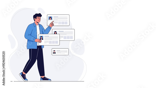 Recruitment concept, man choosing candidate from profiles, hiring process.
