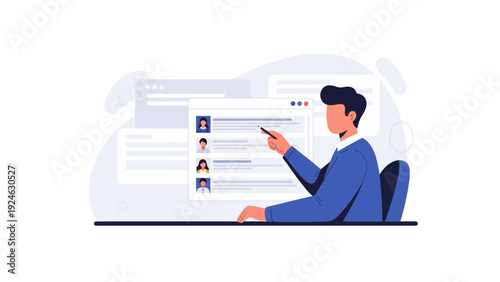 Recruitment concept, man selecting candidate from list on screen