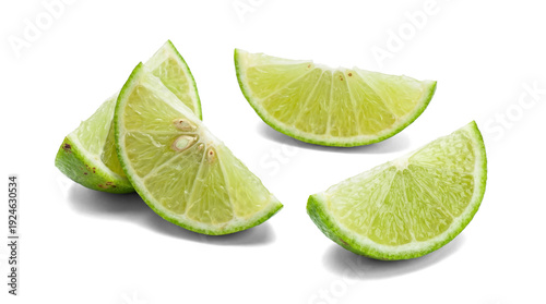 Foto four vibrant lime wedges on a transparent background, fresh citrus slices for cocktails and culinary use, bright sour fruit for beverages and decoration