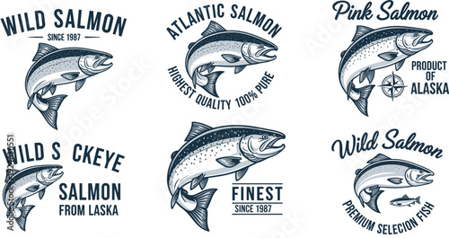 Vintage Wild Salmon Fishing Logo Set with Atlantic Pink and Sockeye Salmon Illustration for Seafood Label Badge and Premium Alaska Product Branding