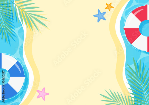真上から見た夏のビーチとプールの背景イラスト 砂浜と青い水面に浮き輪やヤシの木とヒトデを配置した俯瞰構図のベクター素材 旅行やバカンスの広告バナーに最適な中央にコピースペースのあるフレーム