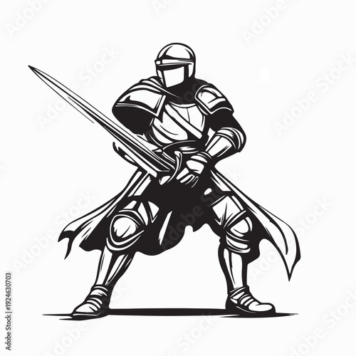 Crusader Medieval Soldier Defending Stance Vector Illustration