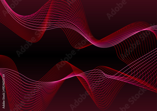 黒背景に赤とピンクの鮮やかな曲線が波打つように重なる抽象的なベクターイラスト素材 光のラインが流れるような繊細なワイヤーフレームのバックグラウンド テクノロジーや音楽をイメージしたコピースペースのある広告バナー用デザイン