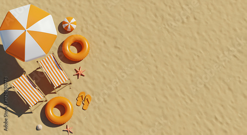 Aerial view of a beach with orange and white beach umbrella and inflatables on the sand.