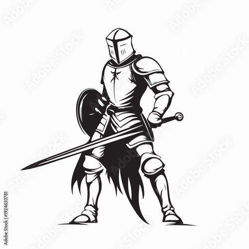 Crusader Medieval Soldier Defending Stance Vector Illustration