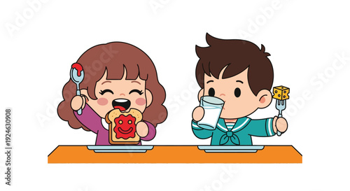 Cartoon illustration of a girl and boy eating breakfast with utensils in a colorful, playful scene.