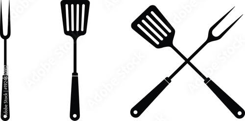 BBQ grill tools silhouettes set, spatula and fork crossed icon, black barbecue utensil vector isolated on white