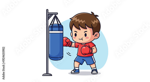 A young boy wearing red boxing gloves punches a blue punching bag in a playful stance with a light blue circular background.
