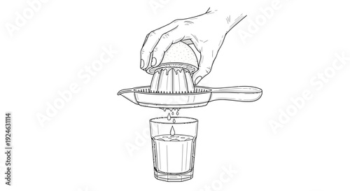 Hand squeezing fresh citrus fruit juice into glass with manual juicer, close-up