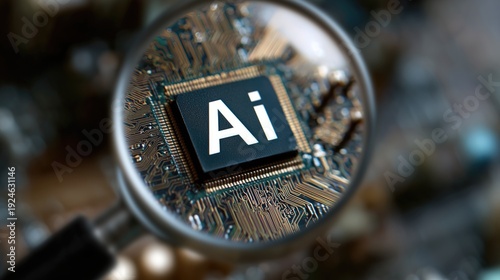 Artificial Intelligence technology concept with a magnifying glass inspecting a microchip labeled Ai on a circuit board, symbolizing innovation and digital transformation in business.