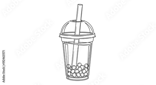 Hand-drawn bubble tea in a clear plastic cup with straw, line art illustration