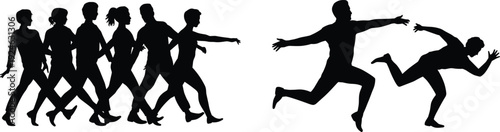 Business team chasing leader silhouette, competitive career race concept isolated on white background vector illustration