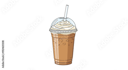 Hand-drawn illustration of a refreshing iced coffee with whipped cream and straw in a clear plastic cup.