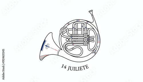 French Horn Blueprint Illustration with Text '14 JUILIETE'