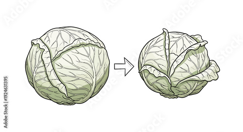 Fresh Cabbage Transformation: From Whole Head to Opened Leaves, Healthy Food Concept
