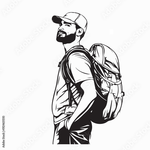 Happy Tourist Man Hiking Adventure Illustration on White Background