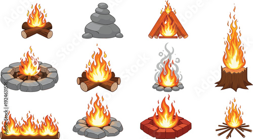 Cartoon campfire set vector illustration featuring burning wood logs, stone fire pit, flame icons collection, outdoor bonfire elements isolated on white background