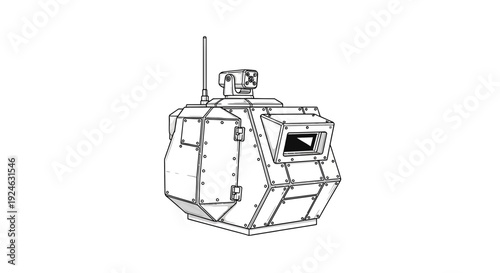Futuristic armored drone turret with camera and antenna, military technology concept