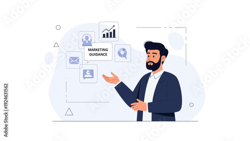 Businessman presenting marketing guidance with analytics and strategy icons