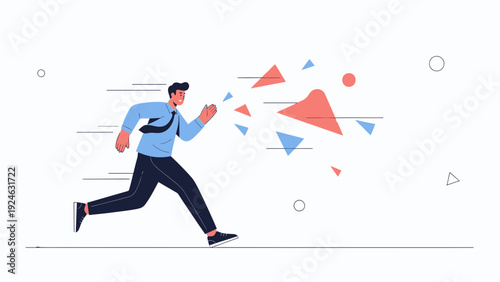 Businessman Running Fast, Breaking Through Abstract Shapes