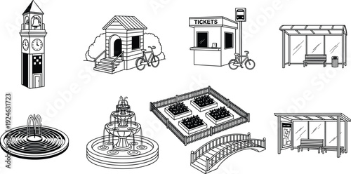 Isometric line art, city park elements, outdoor public spaces, urban park icons, architectural vector set, black white illustration, bus stop shelter, tiered water 