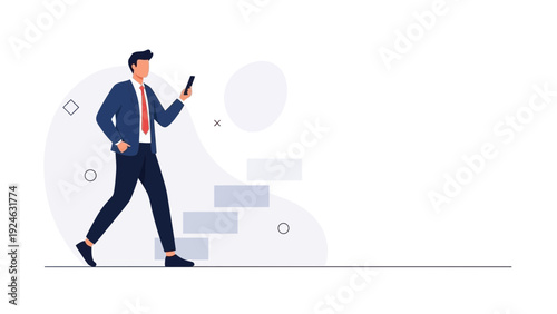 Businessman walking with smartphone, minimalist flat design, career progress concept