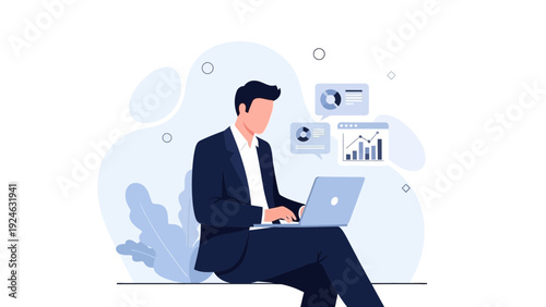 Businessman working on laptop with analytics charts and graphs, modern flat illustration