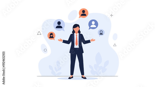 Businesswoman juggling communication, networking, and client management
