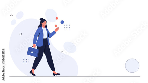 Businesswoman juggling tasks and carrying briefcase, modern flat illustration