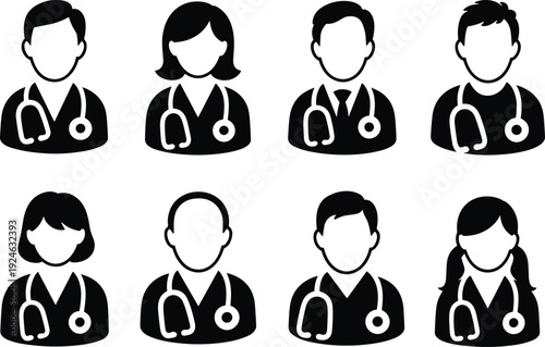 Doctor and medical staff avatar icons set with stethoscope healthcare professionals black silhouette vector illustration collection