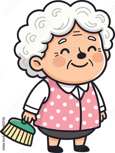 Cute smiling grandma holding broom, elderly woman cartoon character in flat vector illustration isolated on white background