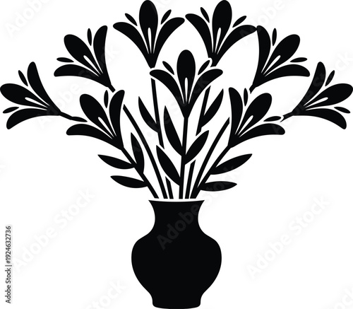 Black floral arrangement in vase silhouette, elegant botanical vector illustration isolated on white background for home decor design and decorative artwork