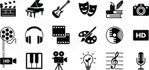 Entertainment and media icons collection with music film photography art creative tools flat black vector illustration set