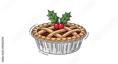 Christmas Mince Pie with Holly and Berries, Festive Dessert Illustration