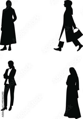 Collection of women silhouettes in different poses including businesswoman, walking lady and modest fashion figure, black vector illustration isolated on light background