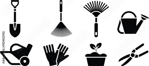 Gardening tools icons set, shovel rake watering can wheelbarrow gloves plant pot pruner vector illustration isolated