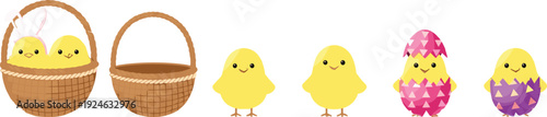 Cute Easter chick collection illustration, adorable yellow baby chickens with baskets and decorated eggshell costumes, playful holiday cartoon characters isolated on white background