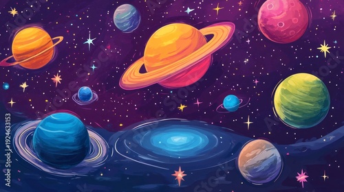 Colorful planets and space scene illustration against a starry night sky