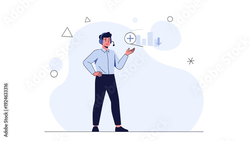 Customer service agent analyzing business growth chart with magnifying glass, illustration