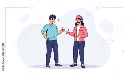 Customer service agent and client giving thumbs up, positive feedback illustration