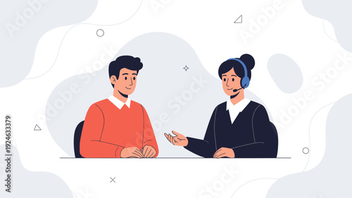 Customer Service Agent Talking to Client with Headset, Business Communication Concept