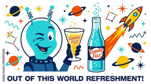 Retro Space Alien Mascot Enjoying Cosmic Fizz Soda with Rocket and Planets - Vibrant Cartoon Illustration for "Out of This World" Refreshment