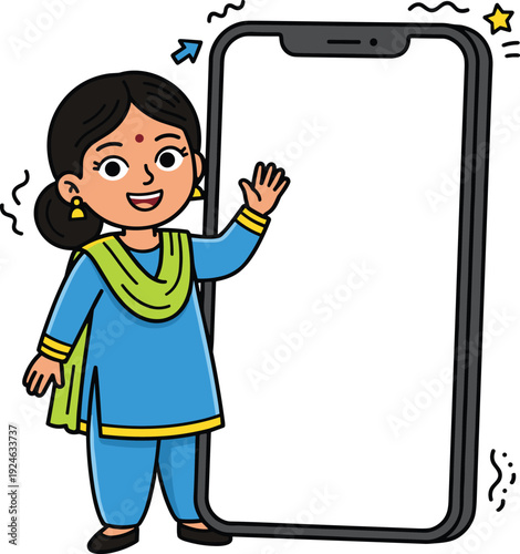 Indian cartoon woman presenting smartphone screen, cute female character in traditional salwar kameez, flat vector illustration isolated on white background for mobile app promotion